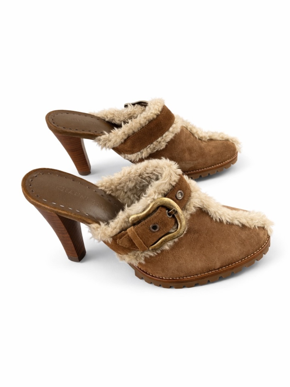 Gianni Bini Brown Suede Shearling Mule Heels Western Buckle Clog Size 8